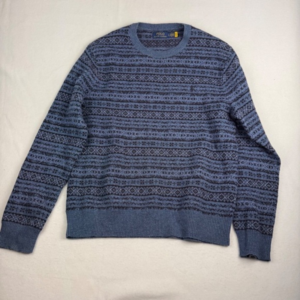 Polo Ralph Lauren Mens Blue Fair Isle Knit Crewneck Sweater Size L Logo